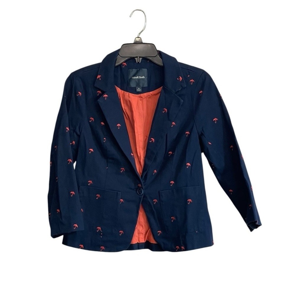 MODCLOTH Navy Blue Coral Embroidered Umbrella Cropped Blazer XS